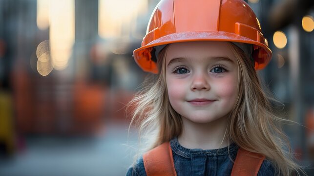 Cute child construction worker aspiring engineer little girl hardhat safety future builder dream 