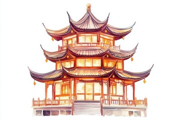 Watercolor traditional Asian pagoda with glowing windows and intricate serene architectural design