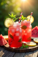 Summer drink, watermelon lemonade, beautiful serving, craft soft drink.