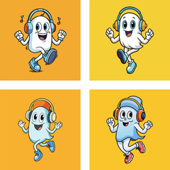 Cartoon Ghost Characters Wearing Headphones Dancing And Enjoying Music On Halloween