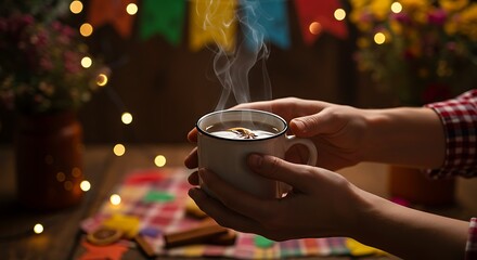 Hands holding a warm mug of quentão (spiced hot drink), with steam rising, surrounded by rustic decor and festa junina party lights — stock photography style