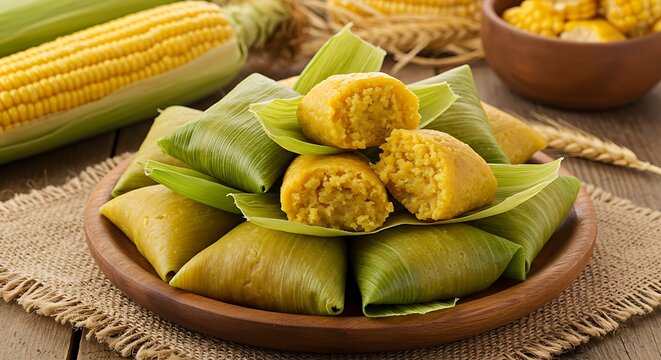 Delicious pamonha (corn paste wrapped in husks) displayed on a rustic plate, with ears of corn and straw elements in the background &mdash; stock photography style