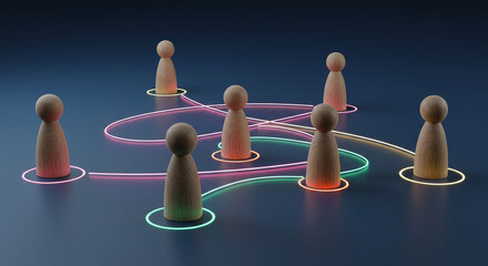 Obraz premium Connections and Network Concept with Wooden Figures and Illuminated Lines
