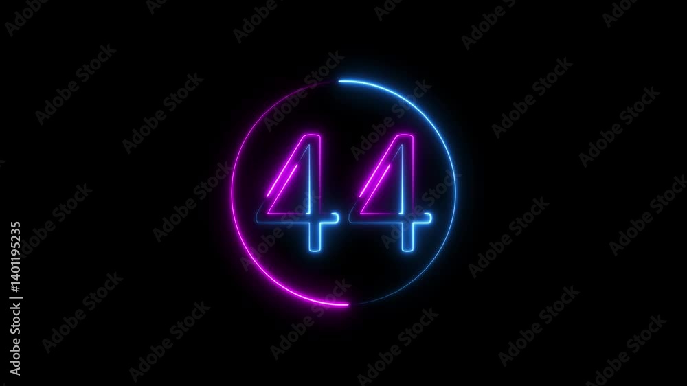 Poster neon text 44 number countdown icon background 4k animation. neon number 44 with alpha channel, neon 
