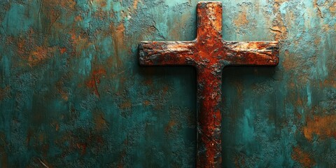 Rustic cross against a textured blue and orange background showcasing craftsmanship and spirituality