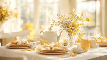 Fototapeta premium Refined festive spring interior with Easter table decorated in creamy whites and soft yellows.