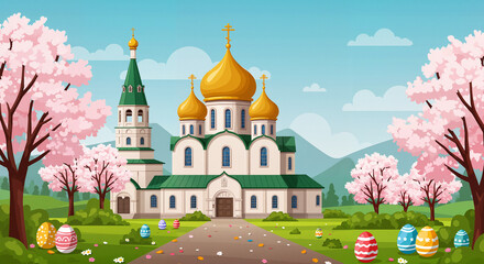 Fototapeta premium Colorful Easter eggs near a church in spring setting 