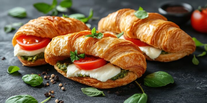 Delicious croissant sandwiches filled with fresh vegetables and cheese on a dark textured surface