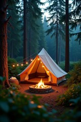Tent, fire and garland, camping in the forest, summer outdoor activities.