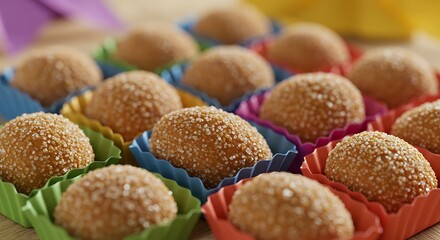 Close-up of cajuzinho sweets shaped like little peanuts, with sugar coating, arranged in party-themed wrappers — stock photography style"
