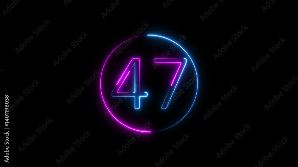 Aufkleber neon text 47 number countdown icon background 4k animation. neon number 47 with alpha channel, neon 