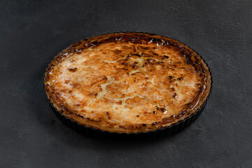 Berry round shortbread tart on dark grey background