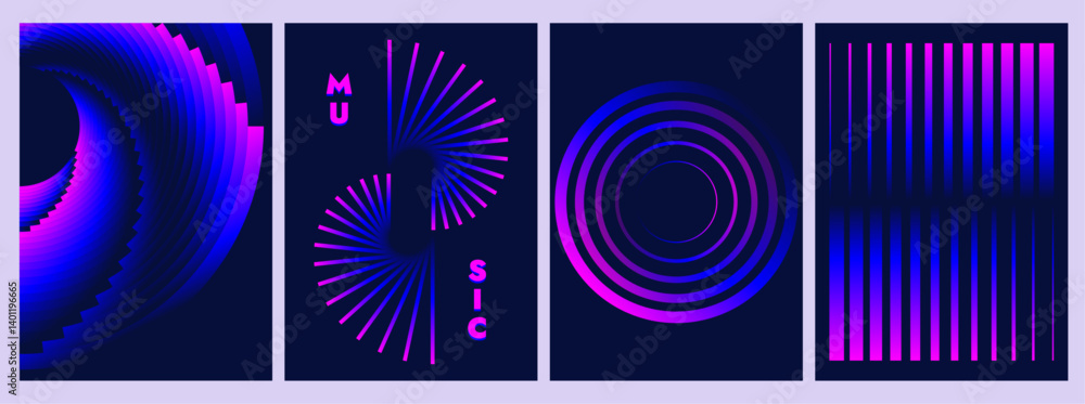 Poster modern gradient cover design template vector set. abstract circle line pattern spin purple pink ligh
