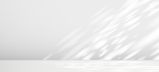 Glare from the sun's rays on the wall. Blurred shadows from leaves and plants in the room. Soft overlay of natural light. Abstract background for product presentation.Natural light layout.