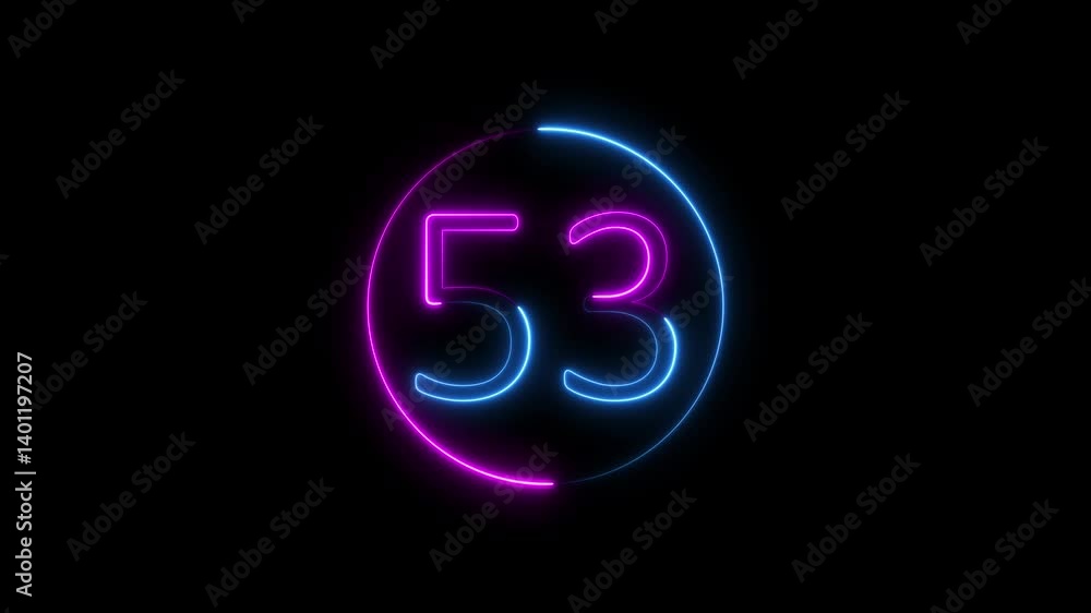 Poster neon text 53 number countdown icon background 4k animation .neon number 53 with alpha channel, neon 