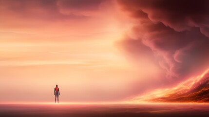 Obraz premium Solitude at Sunset's Edge - A lone figure stands on a serene landscape, facing a dramatic sunset and approaching storm clouds. A powerful of contemplation and the unknown