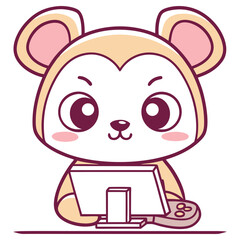 Kawaii Beige Bear Character Operating a Computer with Transparent Background