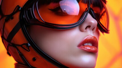A stylish woman with striking orange goggles and bold red lips against a vibrant background.