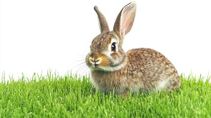 Fototapeta premium Springtime Bunny in Green Grass - Adorable bunny rabbit sitting in lush green grass, symbolizing spring, new life, innocence, gentleness, and hope