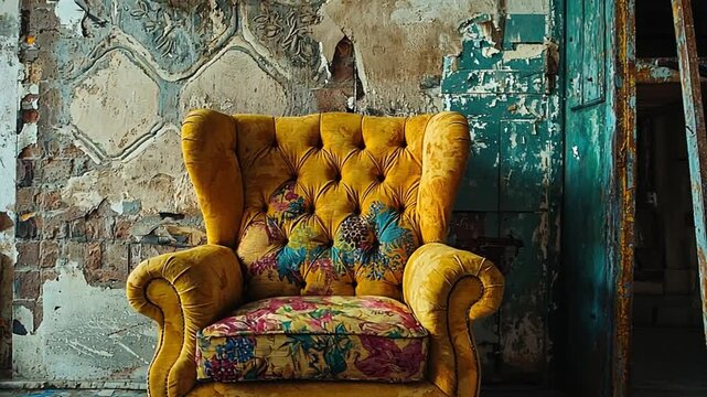 Vintage yellow armchair with floral cushion in an abandoned, peeling wall interior