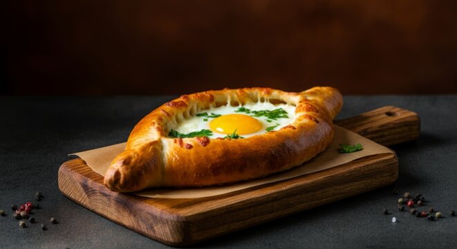 Georgian khachapuri bread with egg on wooden board