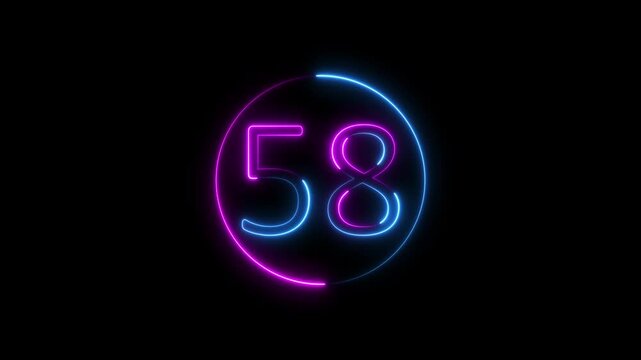 neon text 58 number countdown icon background 4k animation .Neon number 58 with alpha channel, 58 bright neon number animation