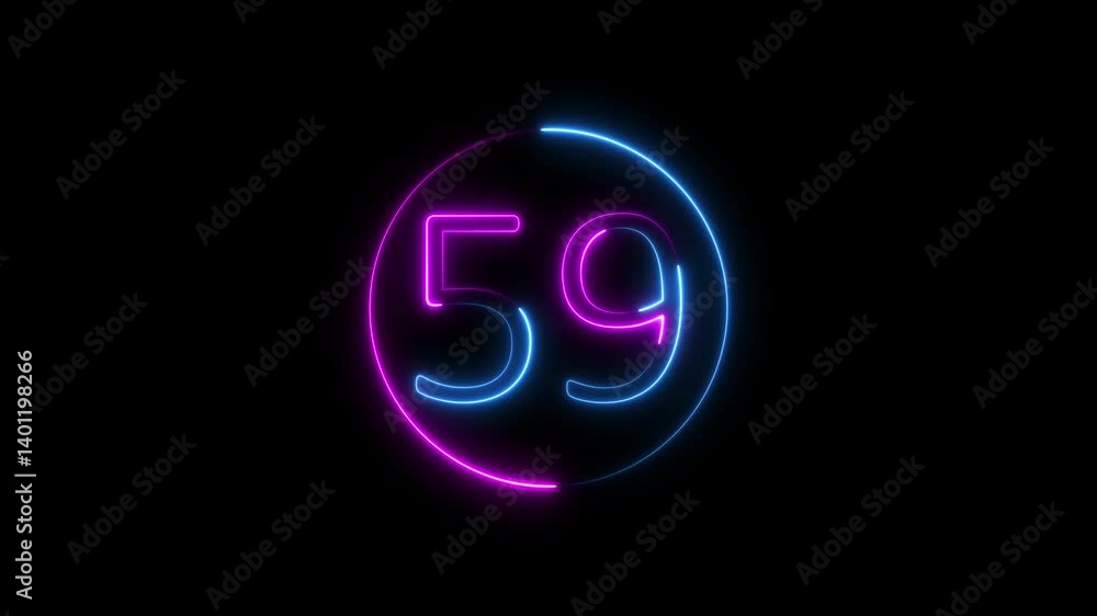 Poster neon text 59 number countdown icon background 4k animation .neon number 59 with alpha channel, 59 br