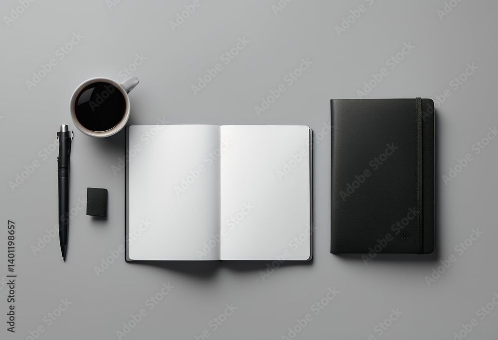 Poster view background light rear photorealistic grey mockup notebook black leather opened front book brand