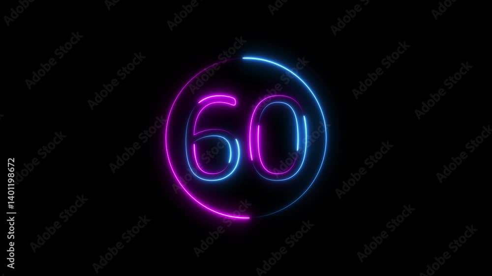 Aufkleber abstract glowing neon text 60 number countdown icon animation.