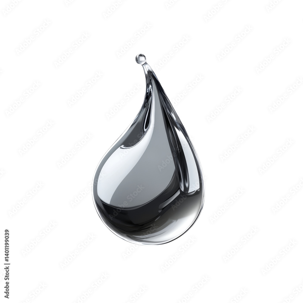 Poster abstract smooth shapes featuring glossy teardrop with silver reflective surface and shine