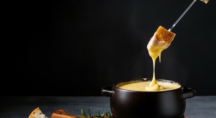 Cheese fondue in black pot with bread on fork against dark background