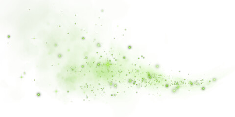 Magic green smoke with glitter and small particles of twinkling stars. Fog with luminous particles. Green vapor with stardust. Morning fog over land or water surface, magic haze. Fog or smoke. PNG.