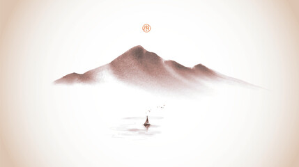Minimalist sumi-e vector background with misty mountains and a small sailboat on calm water in vintage style. Traditional Japanese ink wash painting sumi-e. Hieroglyph - joy
