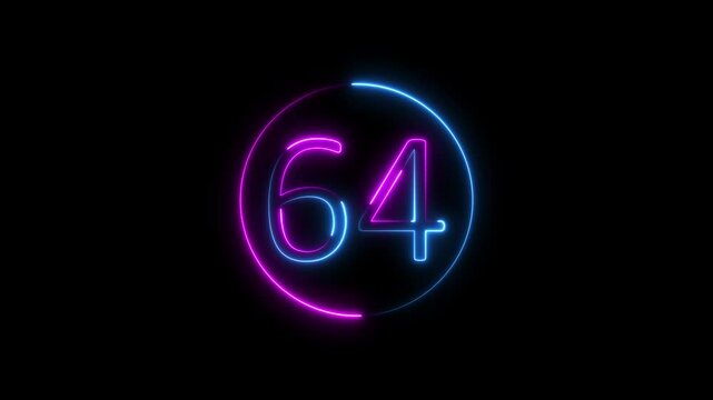 neon text 64 number countdown icon background 4k animation .Neon number 64 with alpha channel, neon numbers, Bright neon glowing number 64, Energy Neon red Number 64 ..