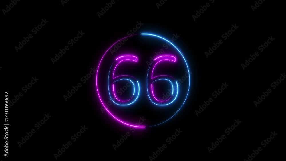 Aufkleber abstract glowing neon text 66 number countdown icon. educational mathematics 66 animation on black b