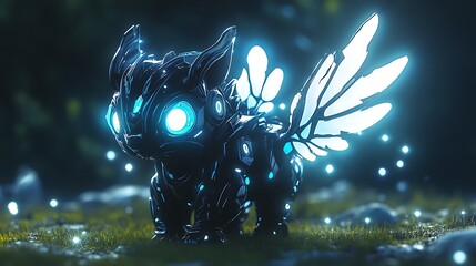 Futuristic robot creature with glowing blue eyes in snow