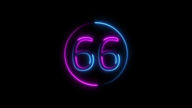 Abstract glowing neon text 66 number countdown icon. Educational mathematics 66 animation on black background.