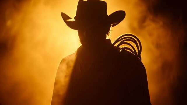 Cowboy wearing a hat and holding a coiled rope is prominently featured against a backdrop of a dramatic sunset, creating a mysterious and adventurous ambiance. Video made using Generative AI.