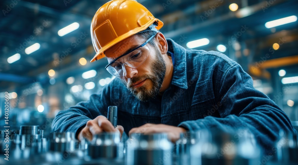 Poster engineer with yellow helmet examining the machine's details and working in a factory.