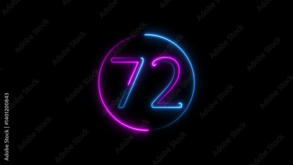 Aufkleber abstract glowing neon text 72 number countdown icon. educational mathematics 72 animation on black b