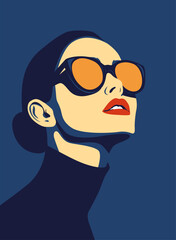 Fashionable charming brunette girl. Young beautiful fashion woman with sunglasses Abstract female face, contemporary design, vector illustration 