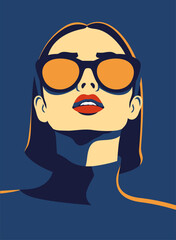 Fashionable charming brunette girl. Young beautiful fashion woman with sunglasses Abstract female face, contemporary design, vector illustration 