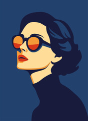 Fashionable charming brunette girl. Young beautiful fashion woman with sunglasses Abstract female face, contemporary design, vector illustration 
