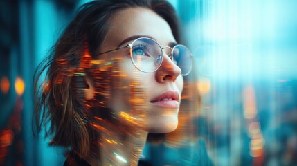 A woman wearing glasses with city lights reflections on her face, looking towards the light.