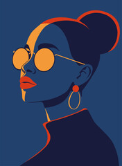 Fashionable charming african american girl. Young beautiful fashion woman with sunglasses Abstract female face, contemporary design, vector illustration 