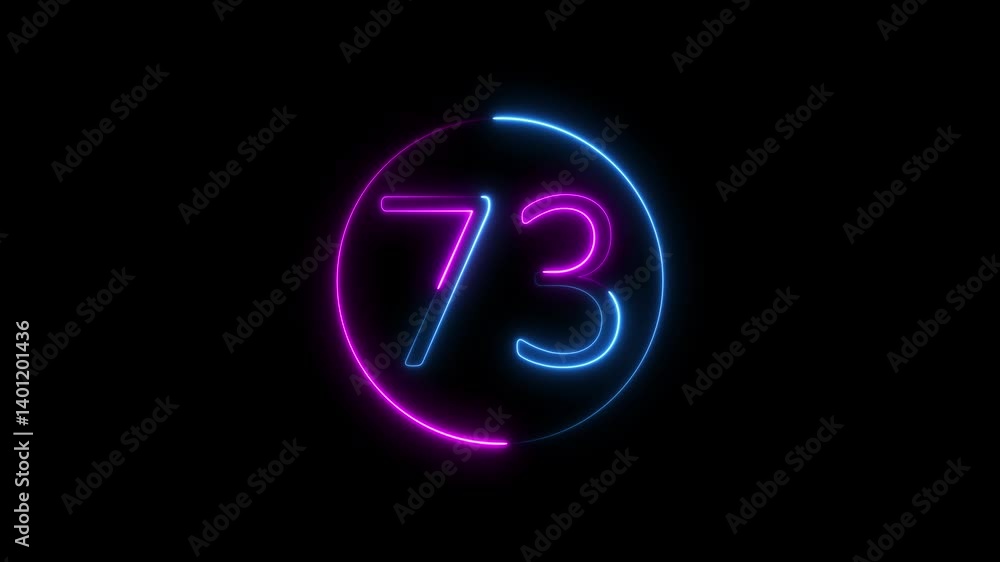 Poster abstract glowing neon text 73 number countdown icon. glowing sign on black background neon number 73