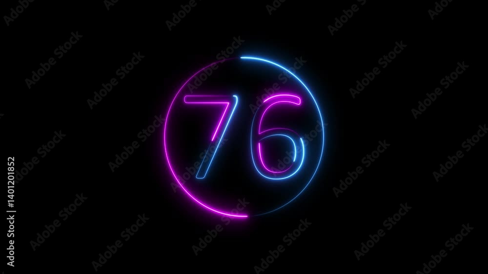 Poster neon glowing text 76 number countdown icon on black background 4k animation. neon number 76 with alp