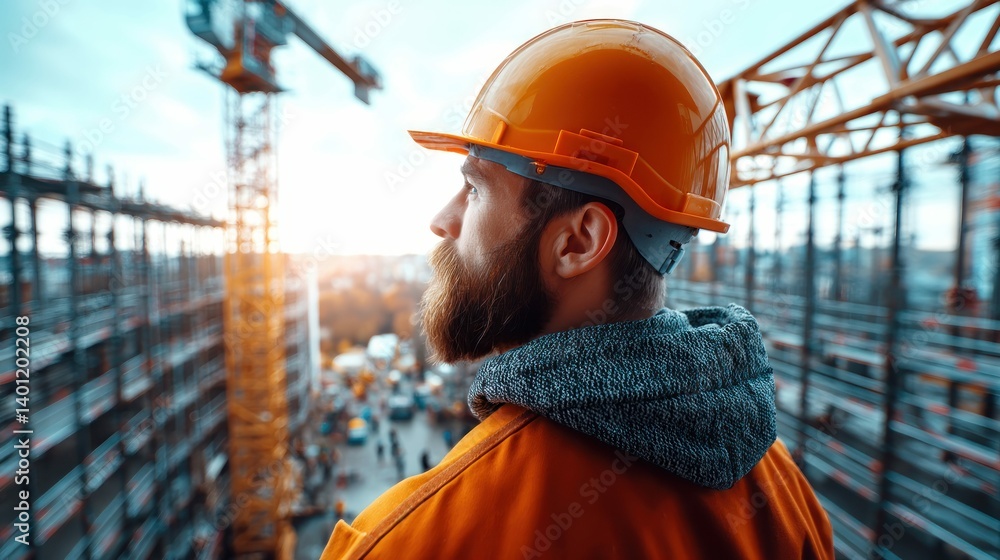 Poster a construction worker with a beard in a hard hat looking over a building site.
