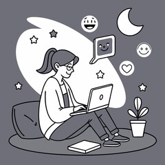 Night owl influencer emoji editing content under moonlight