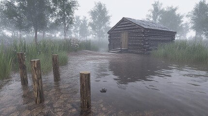 Fototapeta premium Misty, rustic cabin nestled by a flooded riverbank. Wooden structure surrounded by fog, reeds, and water